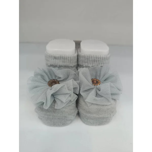 پاپوش جورابی نوزاد طرح گل رنگ طوسی روشن کد 1-22600452