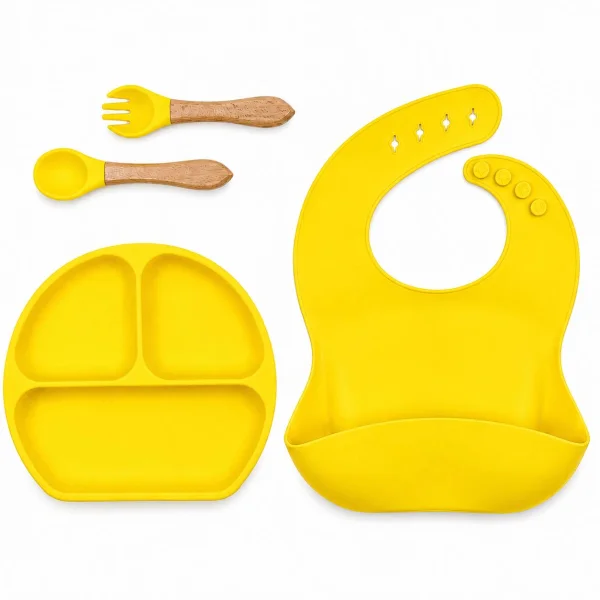 22600698-7ست ظرف و قاشق و چنگال تمام سیلیکون کودک رنگ زرد پاستیلی برند kids life