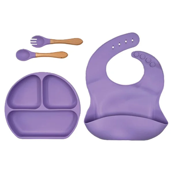 ست ظرف و قاشق و چنگال تمام سیلیکون کودک رنگ بنفش  برند kids life کد 5-226000698