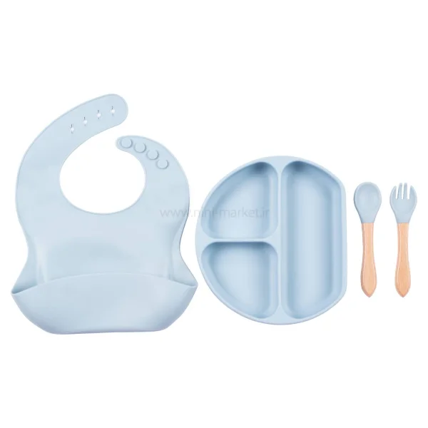 ست ظرف و قاشق و چنگال تمام سیلیکون کودک رنگ ابی پاستیلی برند kids life کد 6-22600698