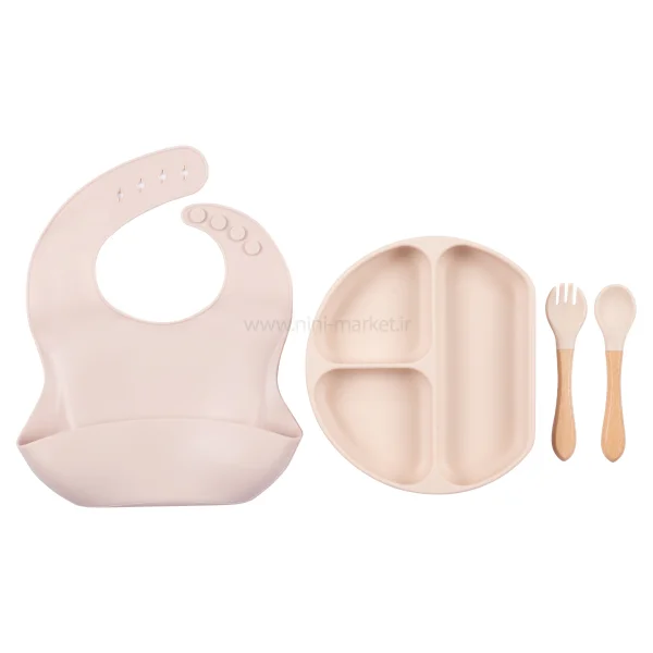 ست ظرف و قاشق و چنگال تمام سیلیکون کودک رنگ کرم پاستیلی برند kids life کد 3-22600698