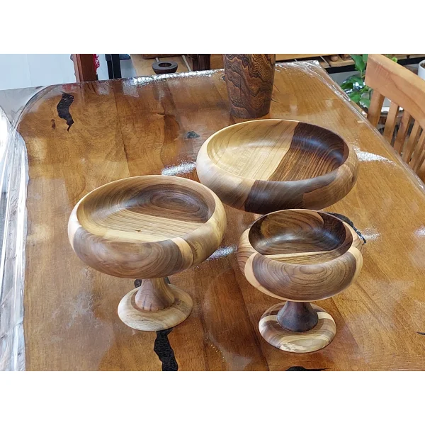 سرویس کاسه چوبی مدل پایه دار چوب گردو قابل شستشو - 30سانت / گیاهی