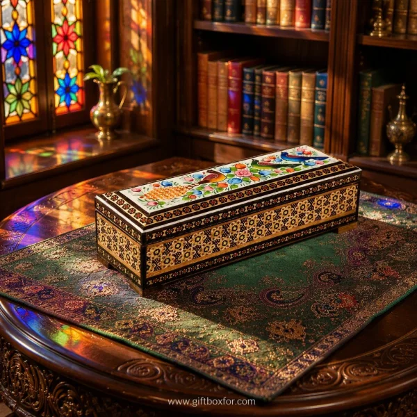 جعبه خاتم کاری دستبند و قلم طرح گل وبلبل ۷×۲۰ در ارتفاع ۵cm