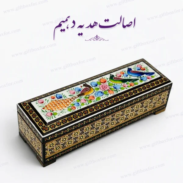 جعبه خاتم کاری دستبند و قلم طرح گل وبلبل ۷×۲۰ در ارتفاع ۵cm