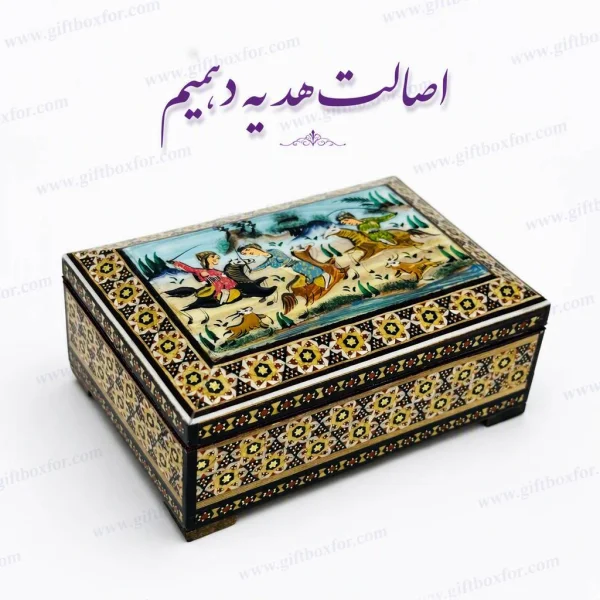 جعبه خاتم کاری طرح چوگان سایز ۱۰×۱۴ با ارتفاع ۵