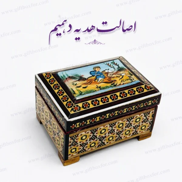 جعبه خاتم کاری طرح شکارگاه ابعاد۶×۸ با ارتفاع ۵cm