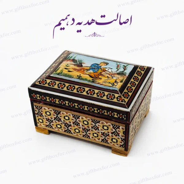 جعبه خاتم کاری طرح شکارگاه ابعاد۶×۸ با ارتفاع ۵cm