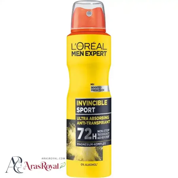اسپری ضد تعریق لورال Loreal مردانه زرد مدل Invincible Sport حجم 250 میل