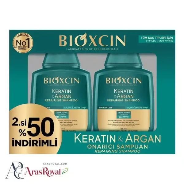 پک 2 عددی شامپو بیوکسین BIOXCIN حاوی روغن آرگان و کراتین حجم 300 میل