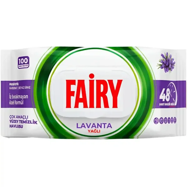 دستمال مرطوب چند منظوره سطوح فیری حاوی روغن اسطوخودوس Fairy Lavanta بسته 100 عددی